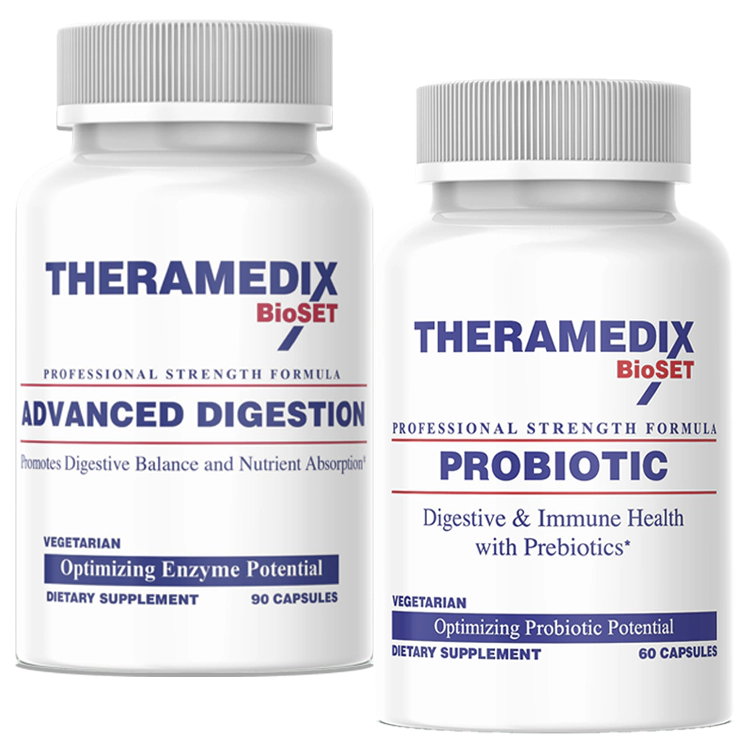 Theramedix BioSET Advanced Digestion and Probiotic supplement bottles